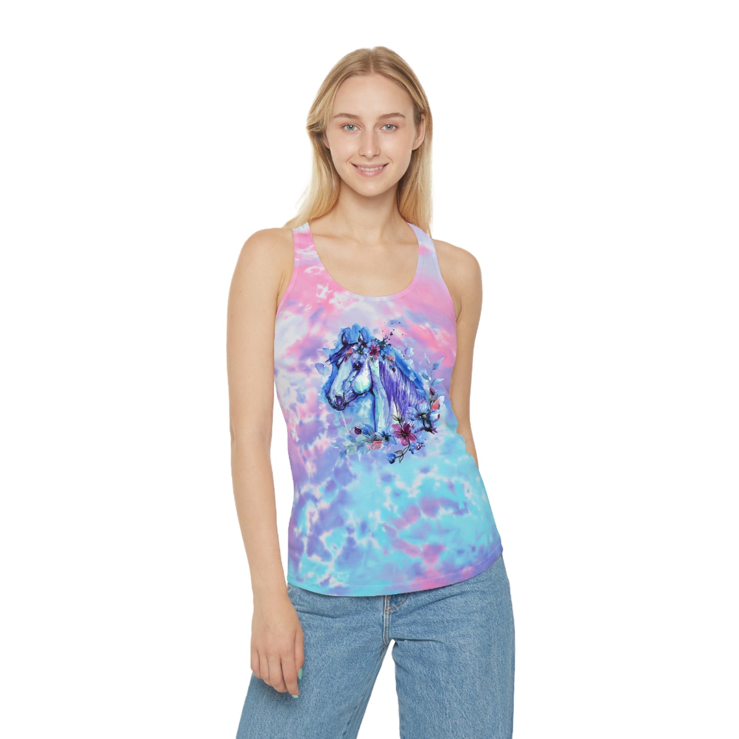 Blue with flowers Horse RodeoTie Dye Racerback Tank Top Barrel Racing Horse shirt