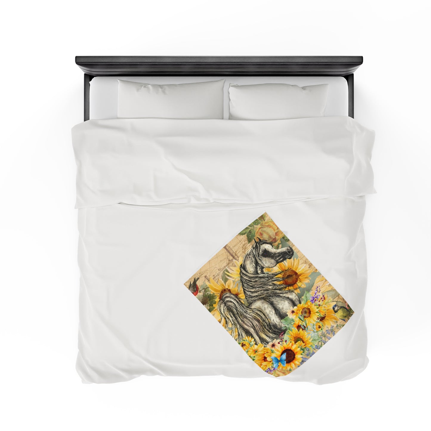 Arabian Horse with Sunflowers, Roses and Birds Plush Blanket