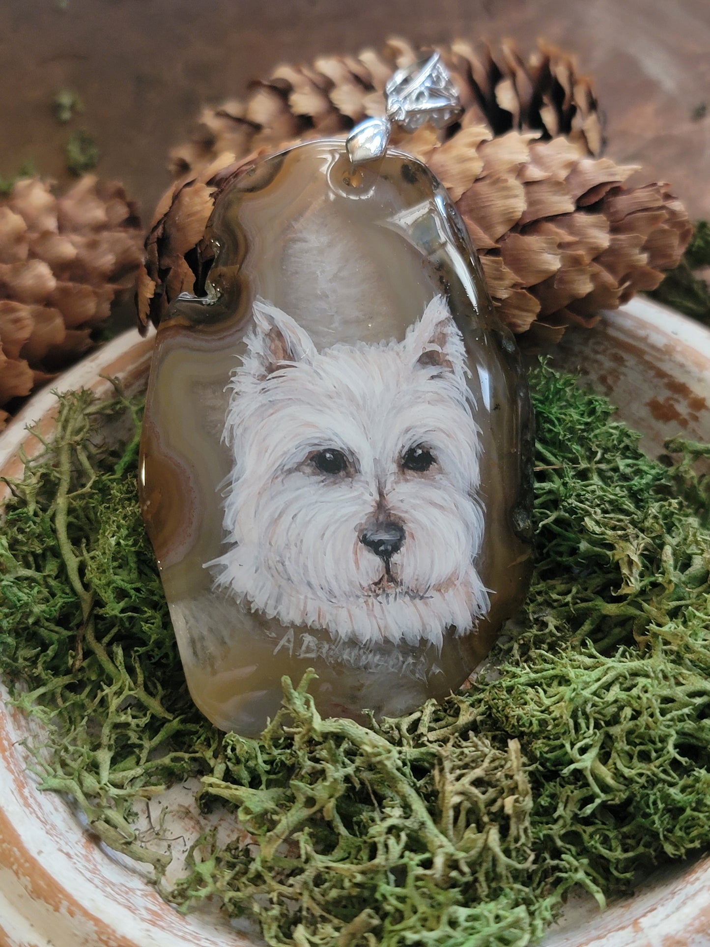 Custom hand painted pet portrait Agate Pendant Ornament Keepsake