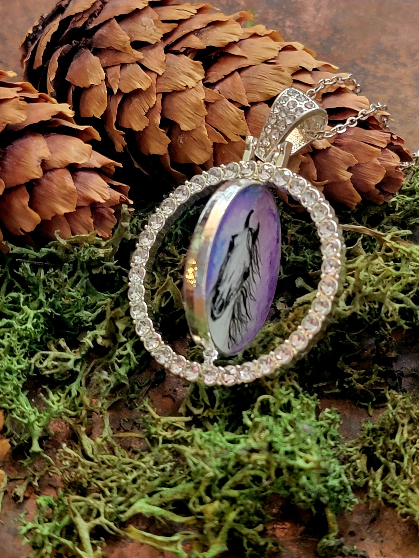 Spinning Arabian Horse Dual sided Watercolor rhinestone pendant