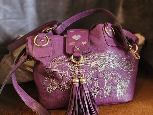 Purple leather Arabian horse herd handbag