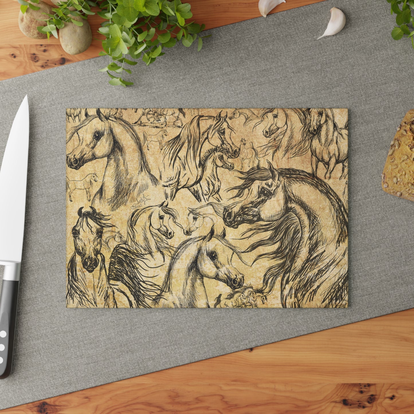 Arabian horse art Glass Cutting Board farm house equestrian house decor gift kitchen charcuterie