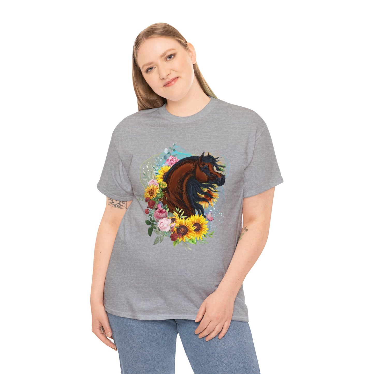 Bay Arabian Horse Tee with Roses, Sunflowers, Bird and Butterfly Art Graphic Gift for Horse Lover Equestrian Riding Shirt