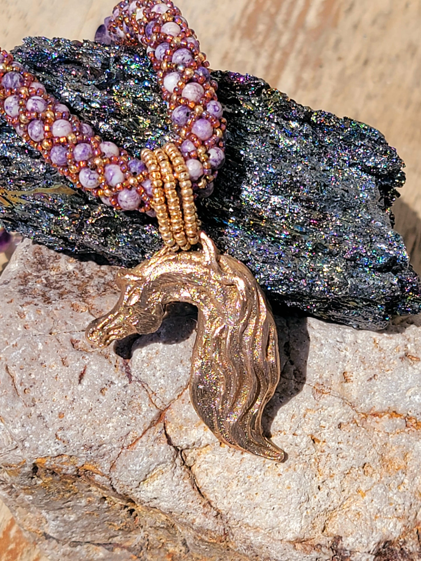 Beaded Bronze Arabian Horse Necklace