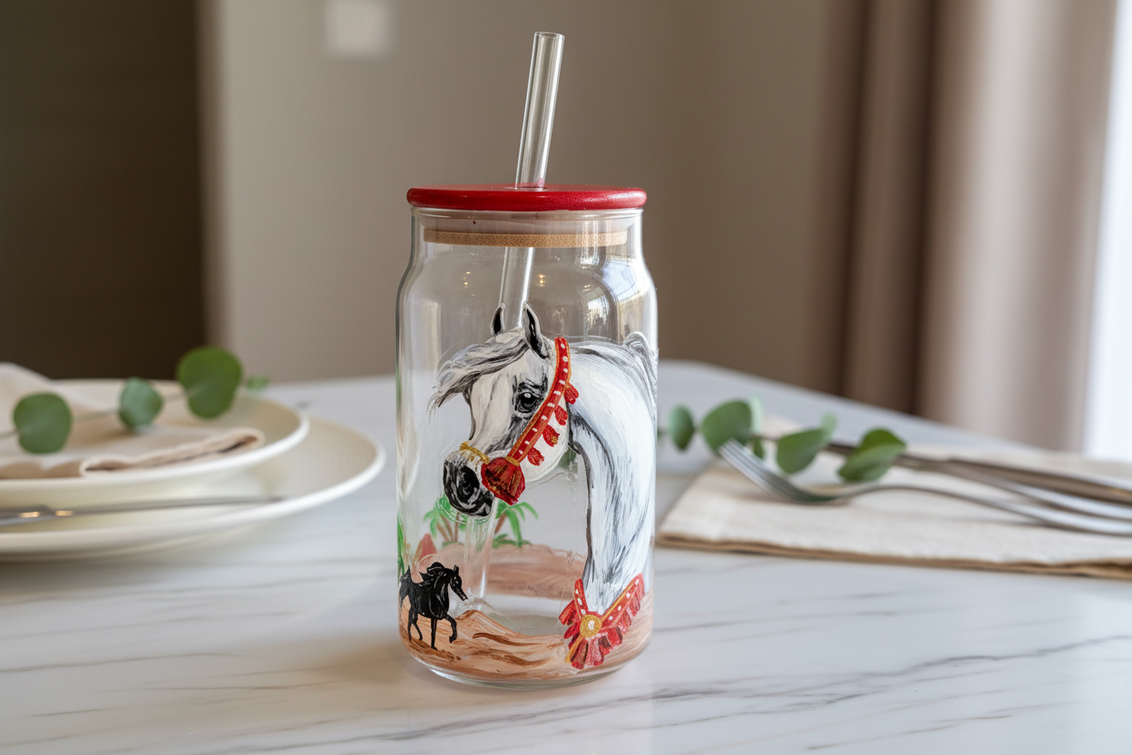 Pair of Hand Painted Arabian Horse glass Mason Jar Tumblers