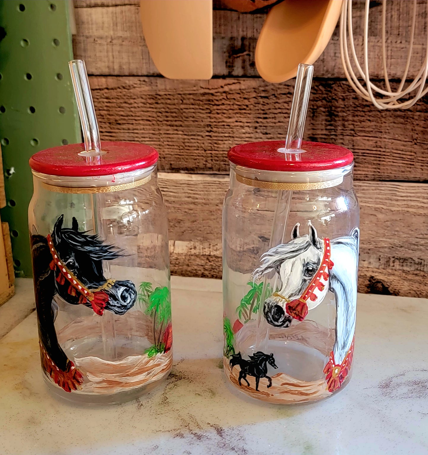 Pair of Hand Painted Arabian Horse glass Mason Jar Tumblers