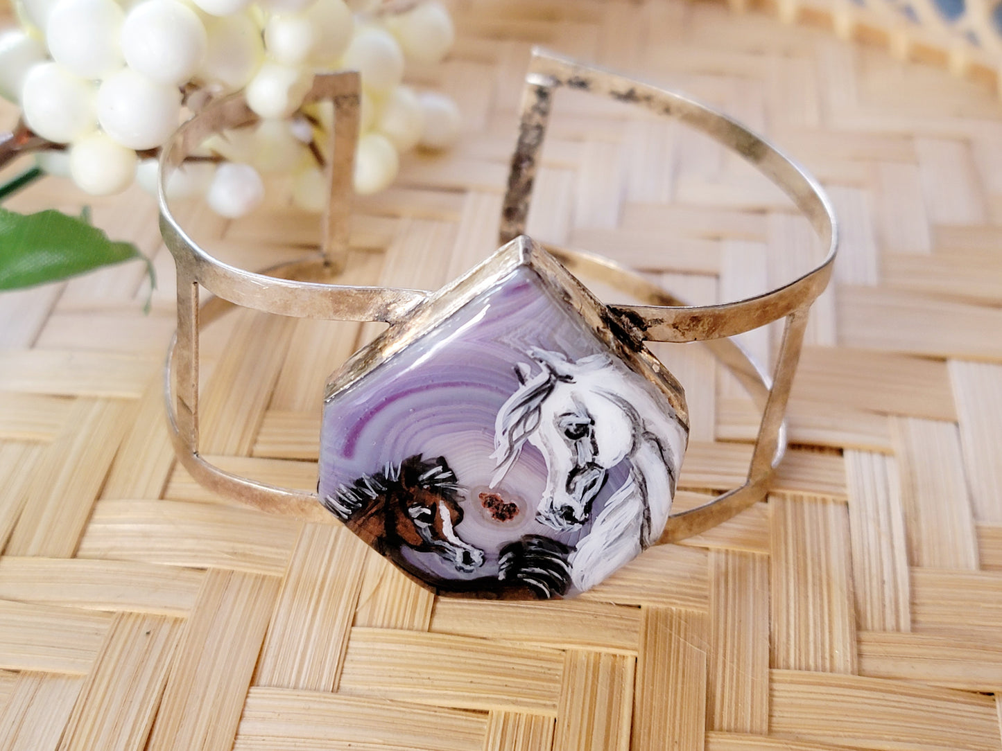 Hand Painted Purple banded agate with Arabian Mare and Foal Sterling Silver