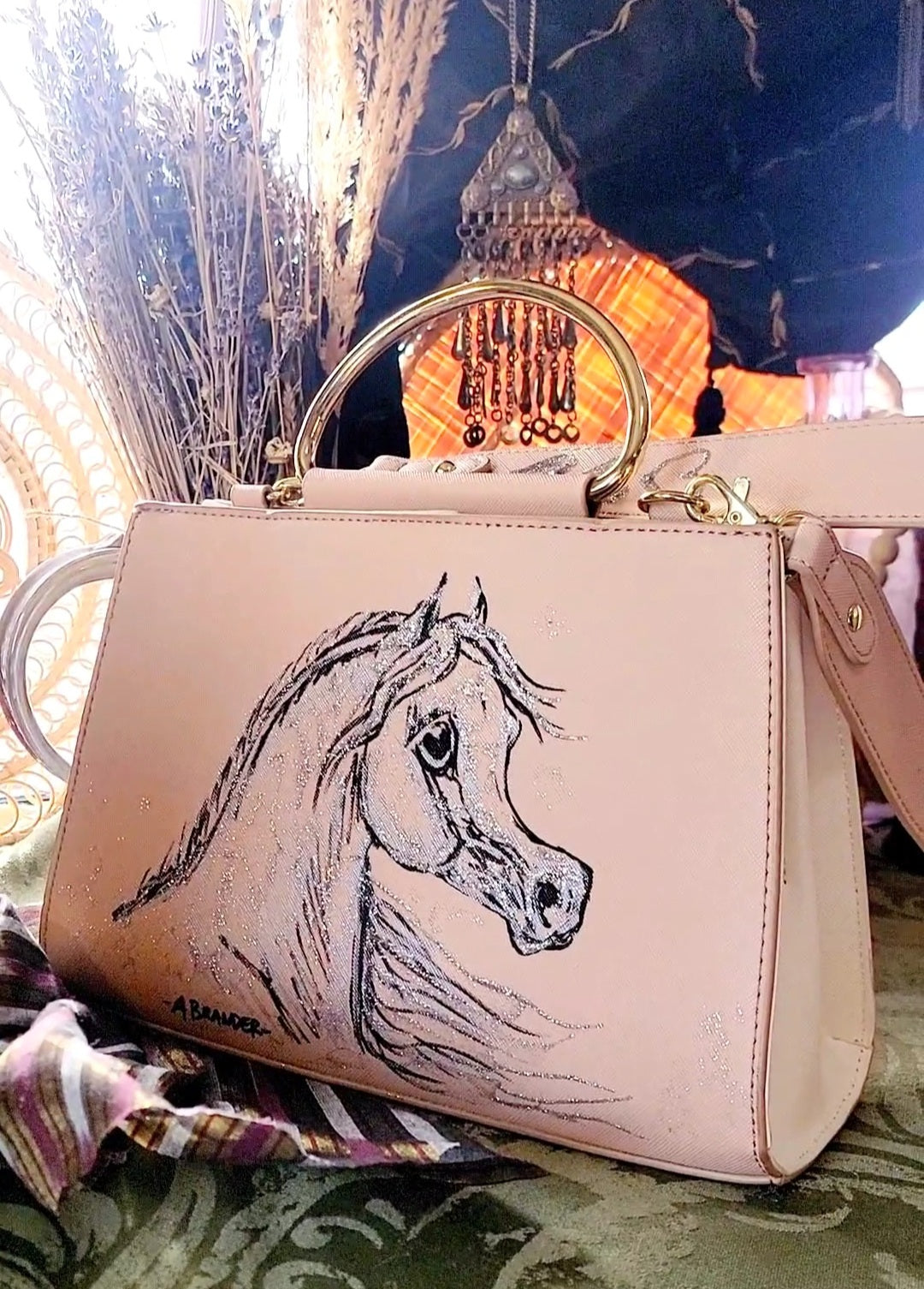 Cute Arabian Horse hand painted upcycled pink structured handbag