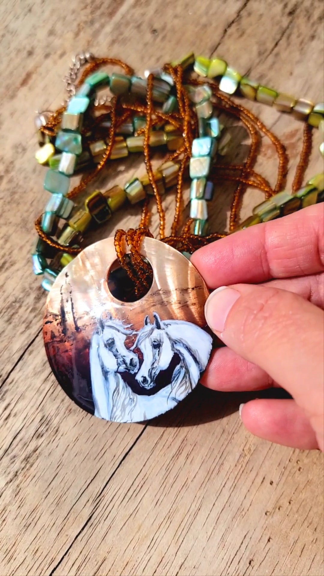 Hand Painted Arabian Horse Shell Statement Necklace
