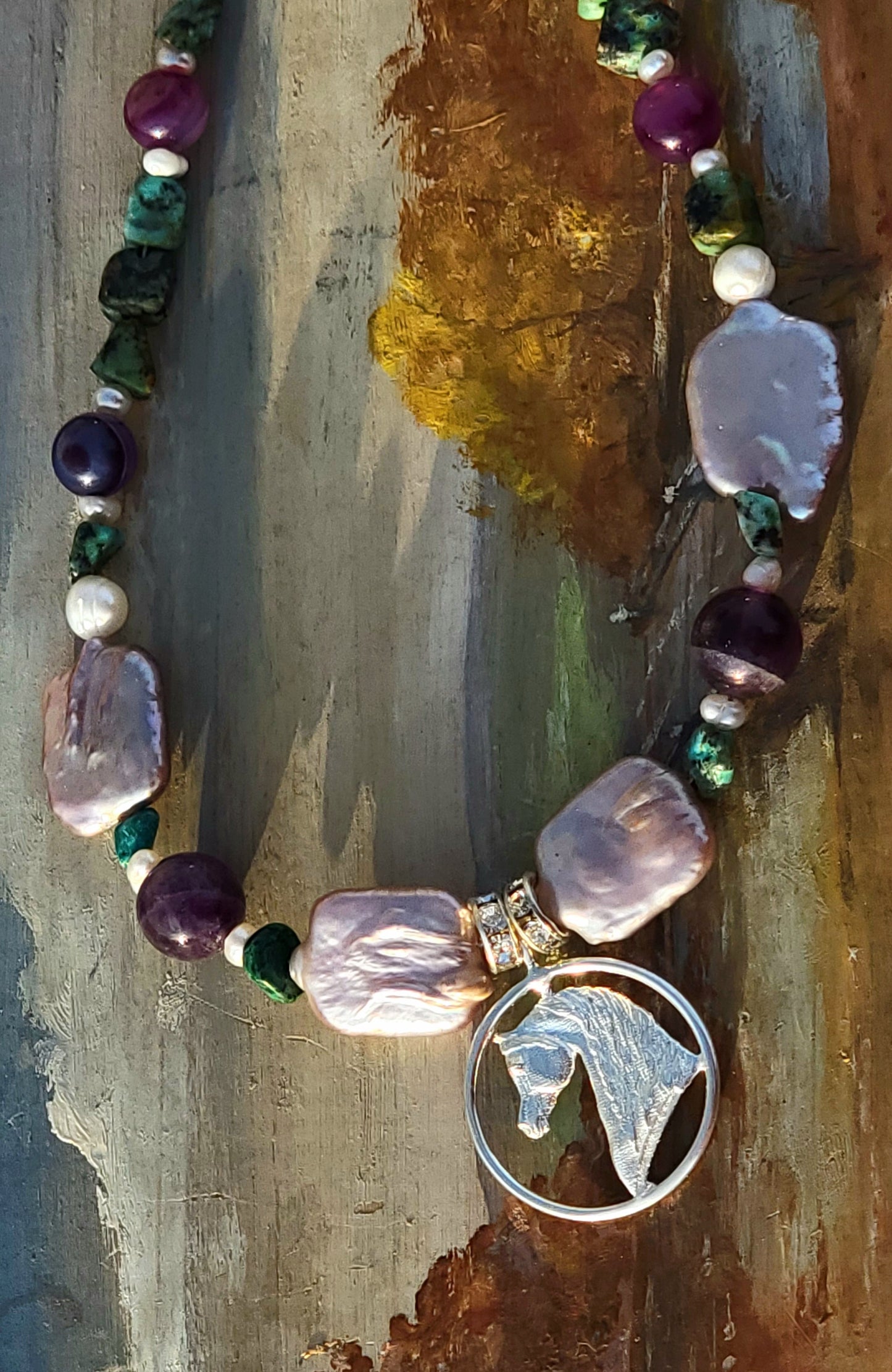 Arabian Horse Circle Adjustable Necklace Amethyst and Turquoise gemstone and sterling silver