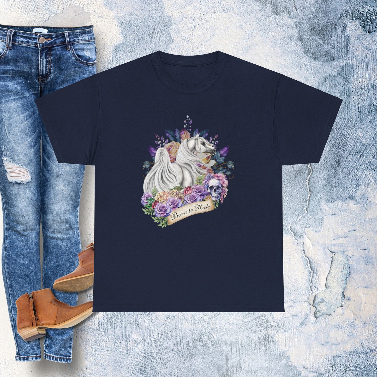 Arabian Horse Floral Skull Biker Tattoo art T-shirt Horse gift Shirt for horse lover Unicorn Unisex Cotton Tee
