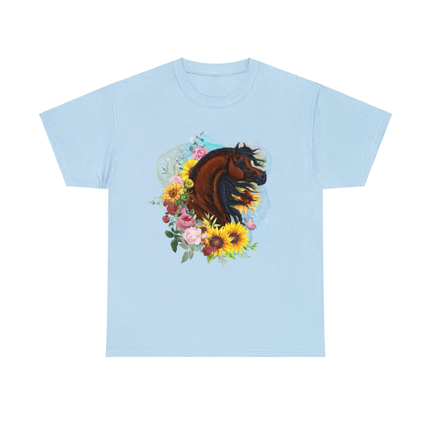 Bay Arabian Horse Tee with Roses, Sunflowers, Bird and Butterfly Art Graphic Gift for Horse Lover Equestrian Riding Shirt