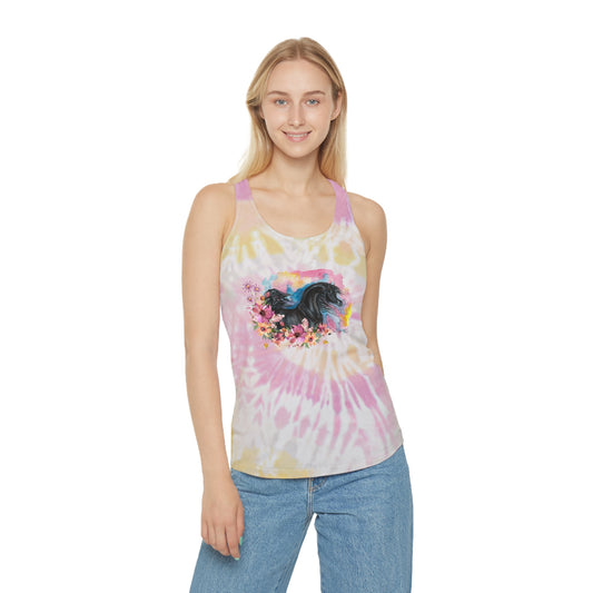 Black Arabian Horse with flowers Tie Dye Racerback Tank Top Cute Horse Shirt