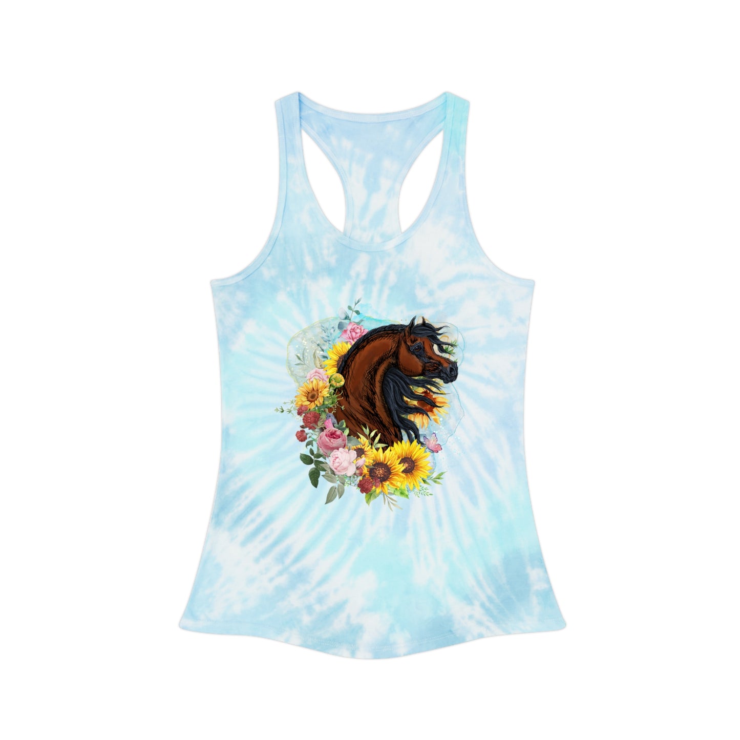 Unique Tie-Dye Racer Back Tank Top with Bay Arabian Horse, Sunflowers and Roses Equestrian Shirt Gift for Horse lover