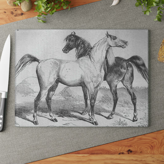 Vintage Arabian Horse Glass Cutting Board Antique Horse Art Arab Bedouin classical equestrian art ink drawing fine art charcuterie board