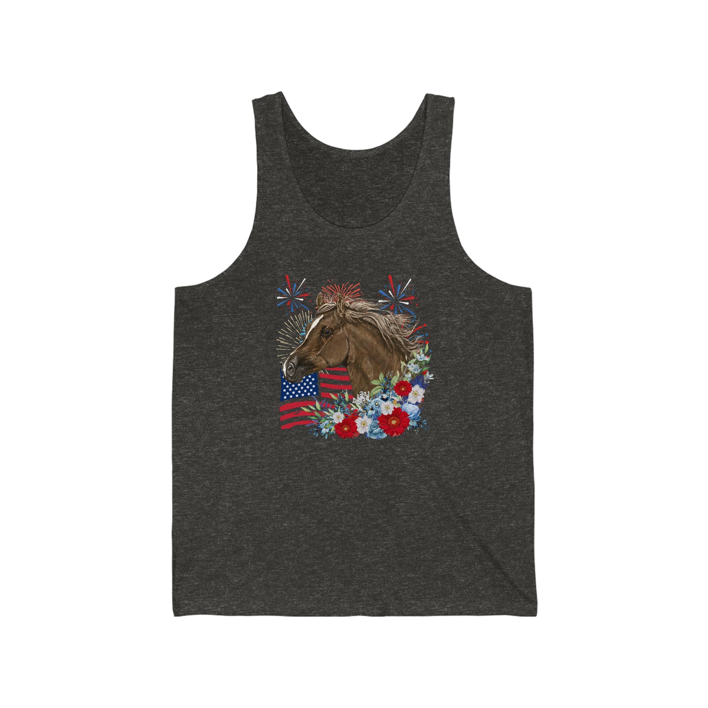 Patriotic Horse Tank Top with American Flag and Fireworks Graphic