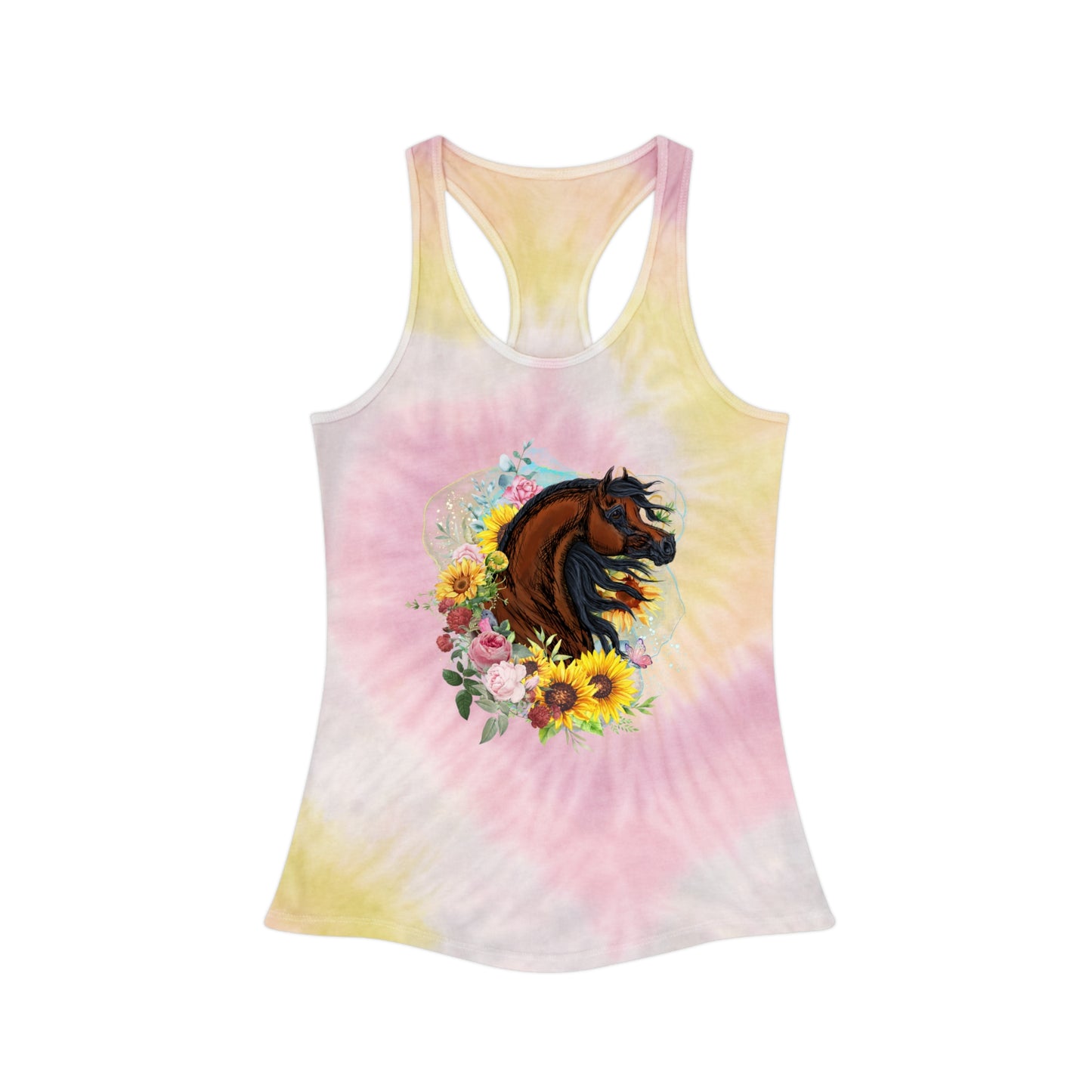 Unique Tie-Dye Racer Back Tank Top with Bay Arabian Horse, Sunflowers and Roses Equestrian Shirt Gift for Horse lover