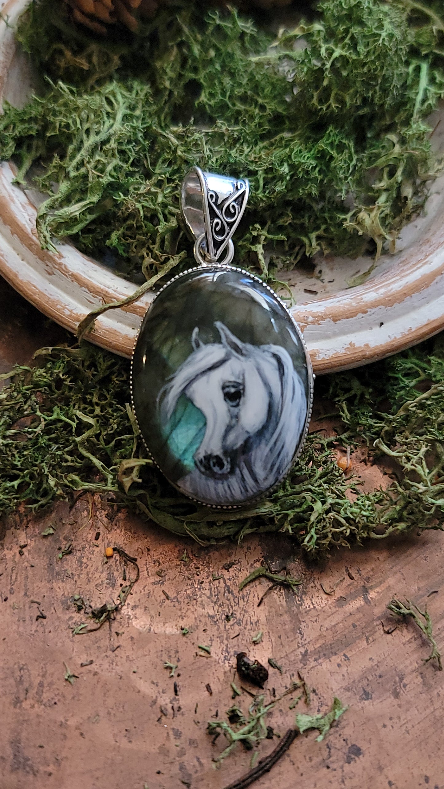 Hand painted Arabian horse on Labrodite in sterling silver