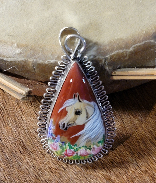 Palomino Arabian Horse on red jasper sterling silver pendant necklace