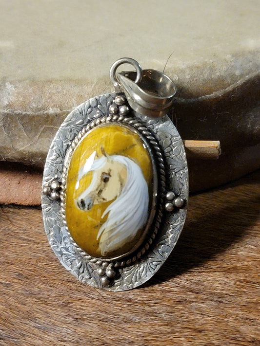 Palomino Arabian on tigers eye Sterling silver horse pendant