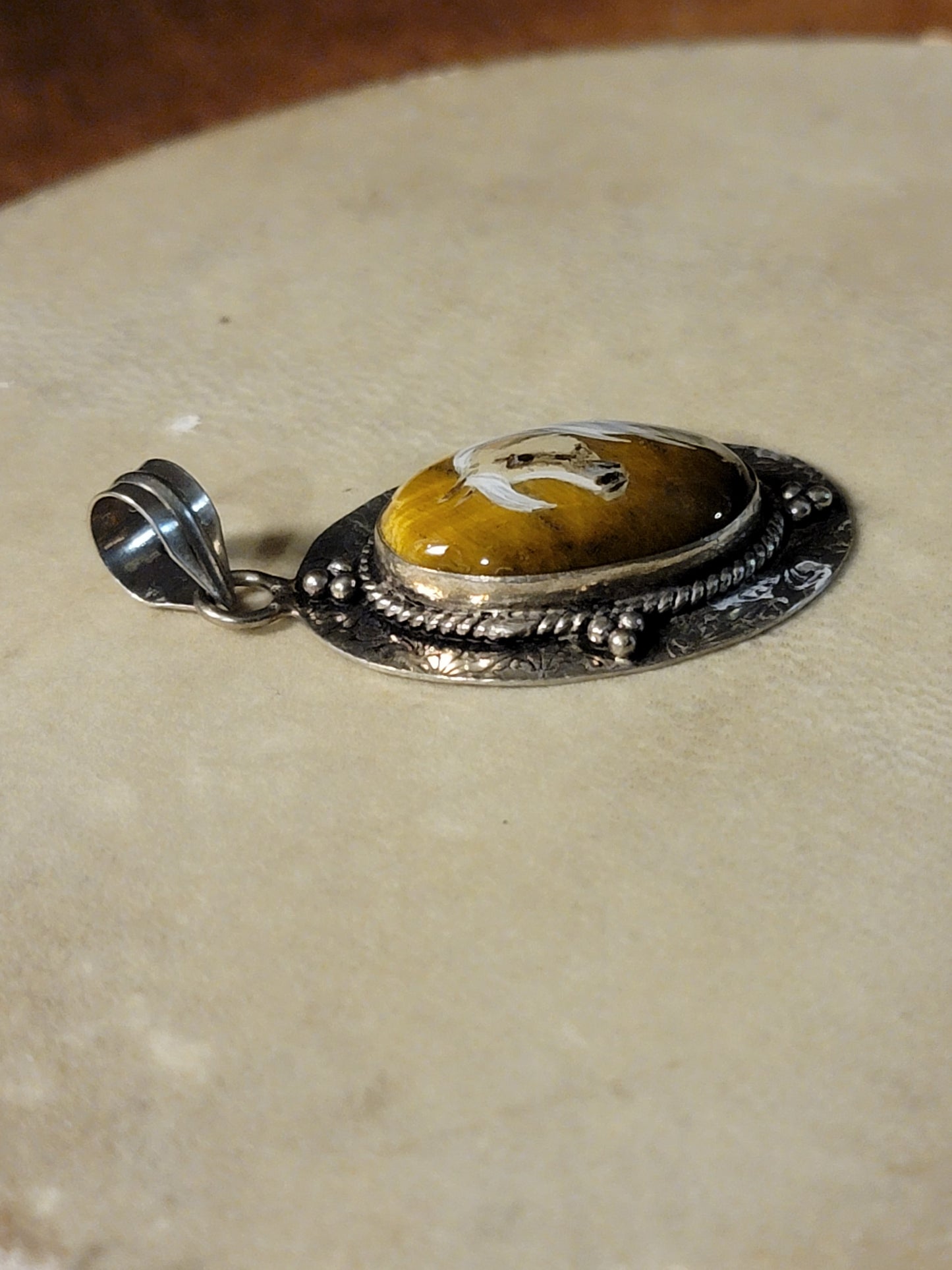 Palomino Arabian on tigers eye Sterling silver horse pendant