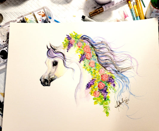 Arabian Horse with flowers original watercolor painting