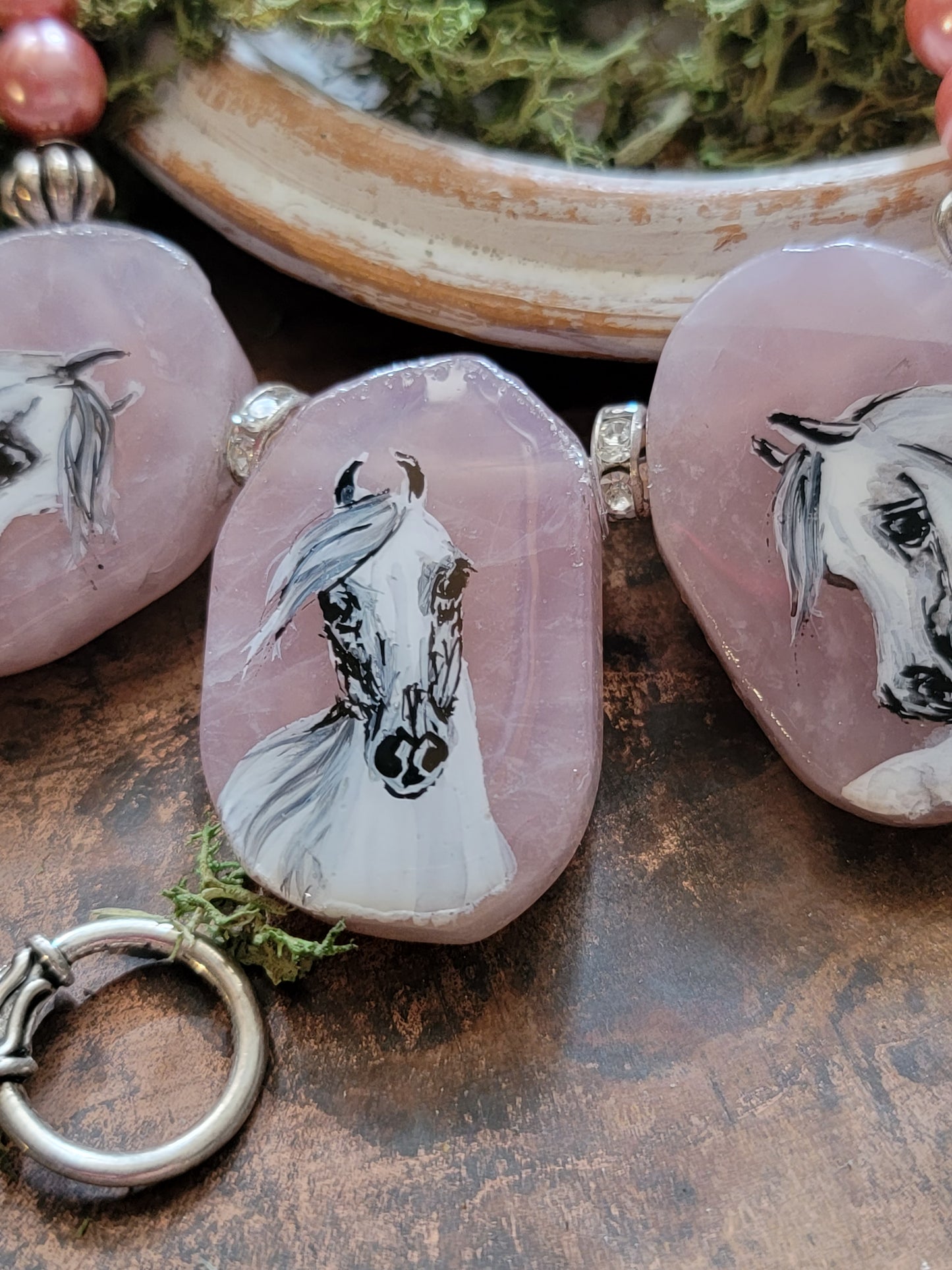 Rose Quartz hand painted Arabian horse trio necklace
