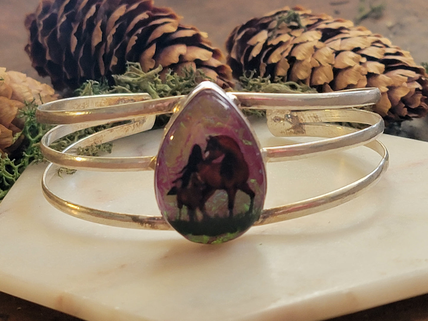 Mare and foal pink triplet opal cuff bracelet