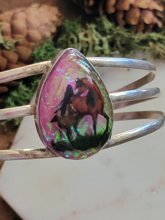 Mare and foal pink triplet opal cuff bracelet