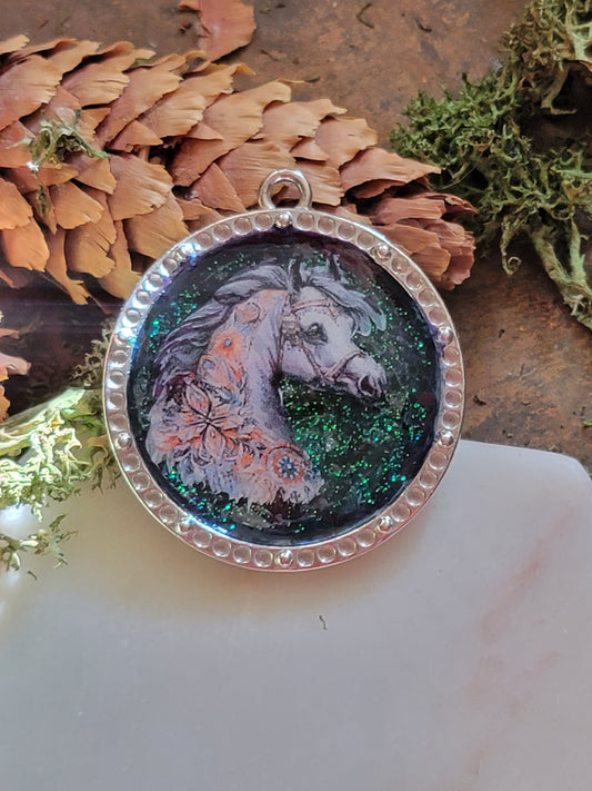 Grey Arabian on blue green sparkle pendant