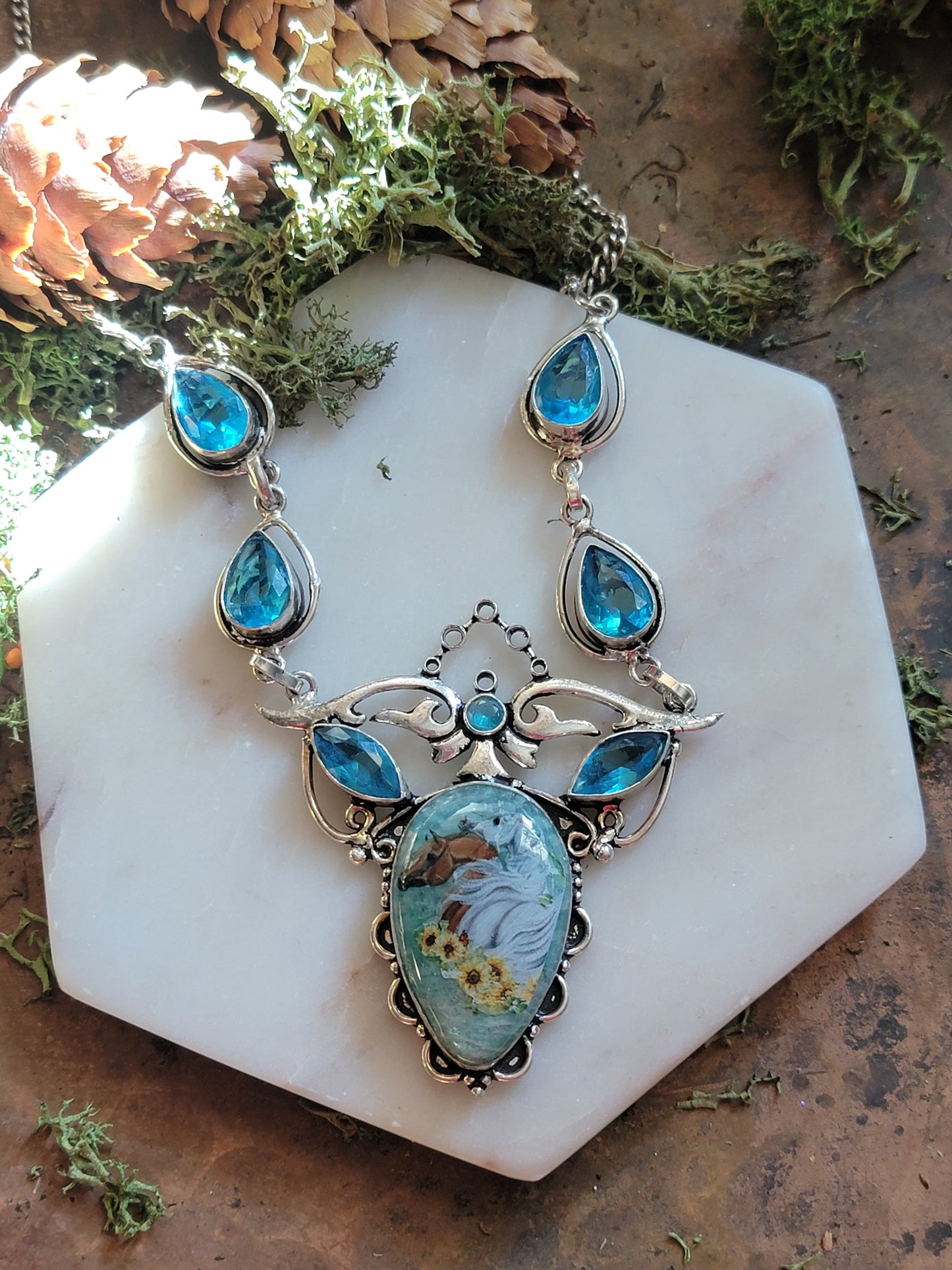 Adventurine and blue topaz Arabian horse fancy sterling silver necklace