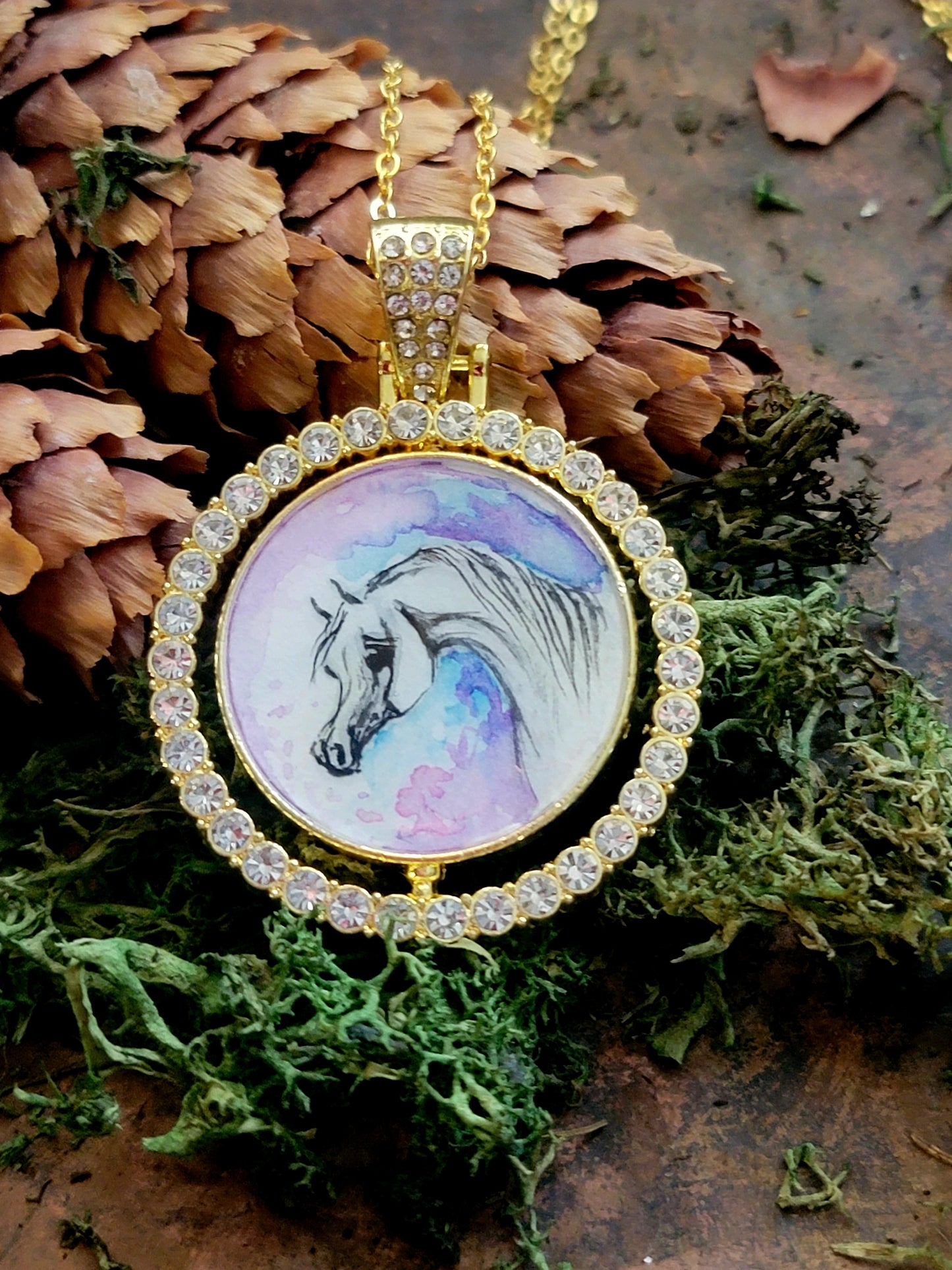 Arabian Horse spinning watercolor painting Gold tone Rhinestone pendant