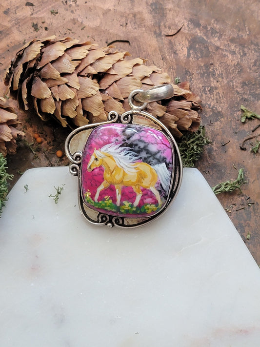 Pink gemstone Palomino horse sterling silver pendant