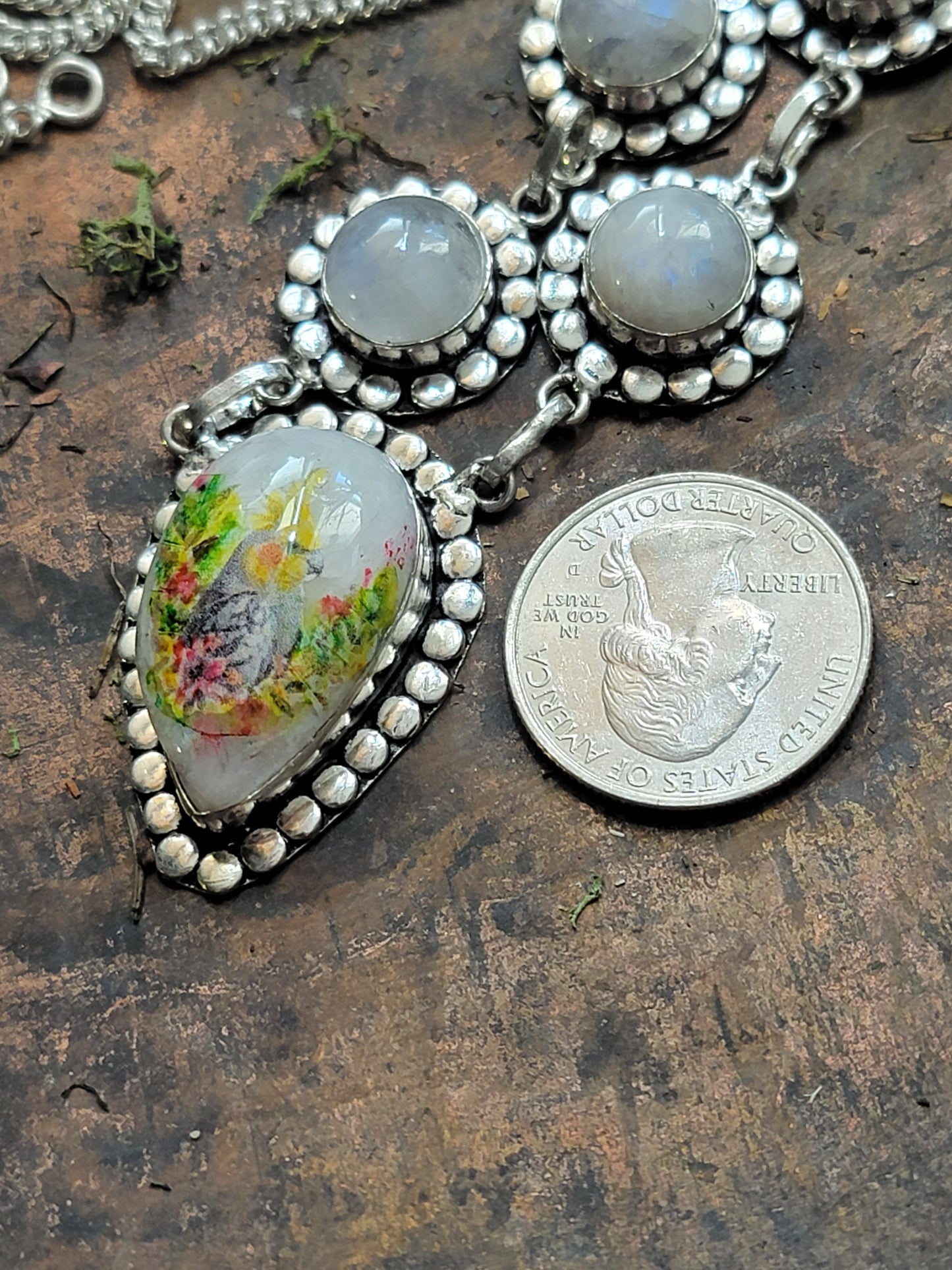 Grey cockatiel parrot sterling silver moonstone necklace