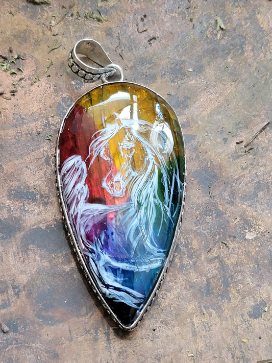 Rainbow labrodite Arabian horse pendant