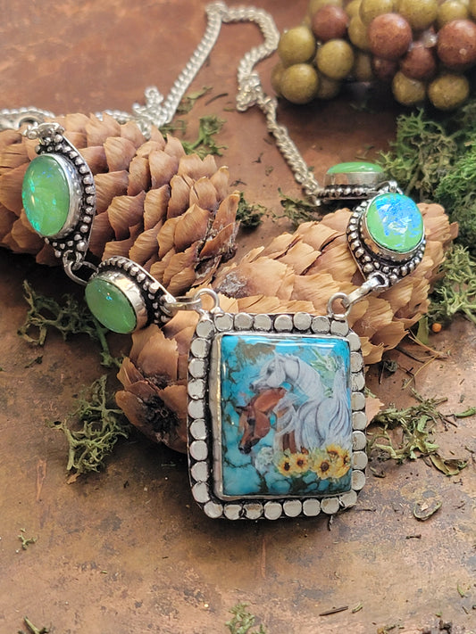 Turquoise Arabian Horse Necklace with opals