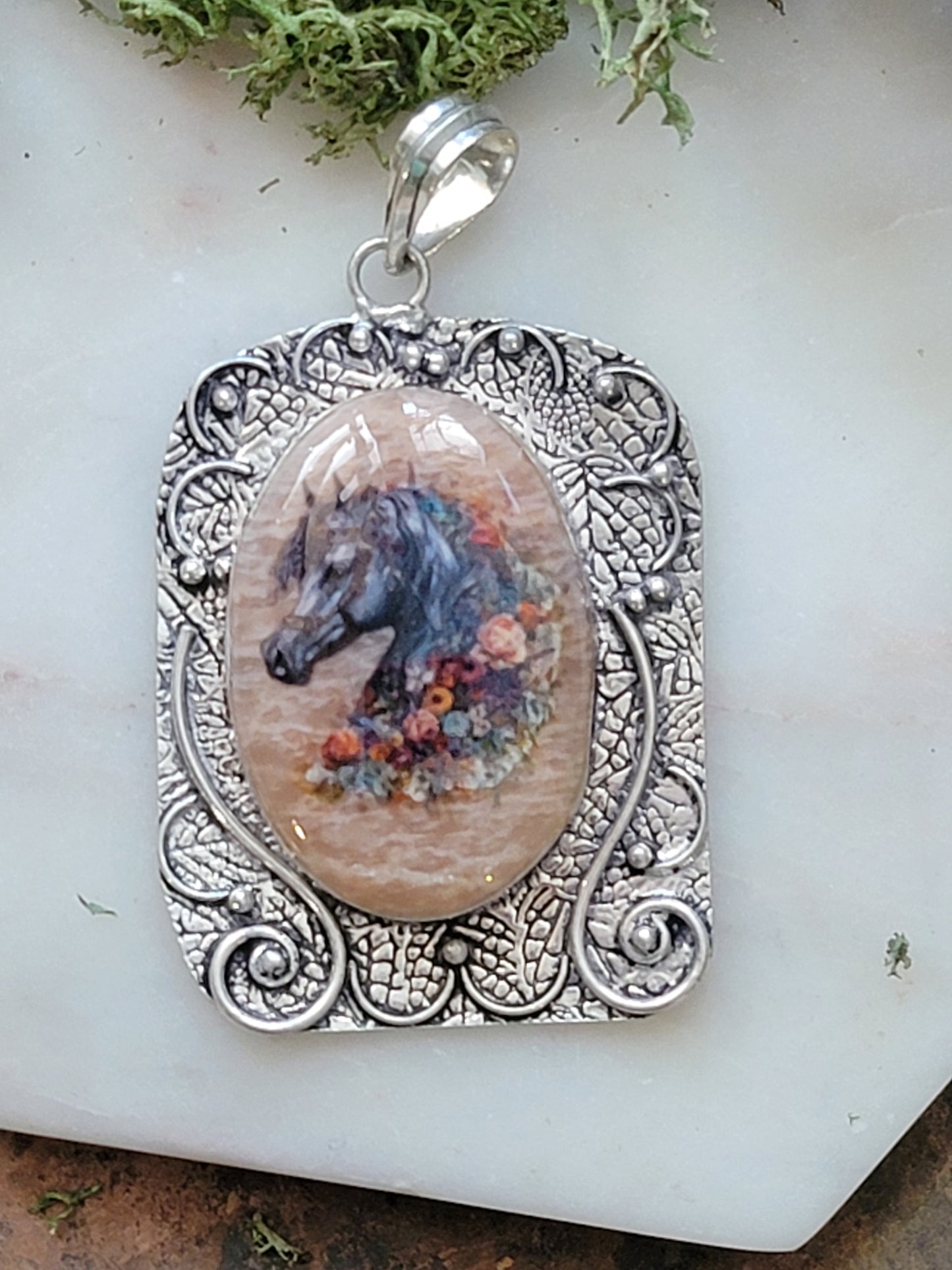 Arabian horse peach jasper sterling silver pendant