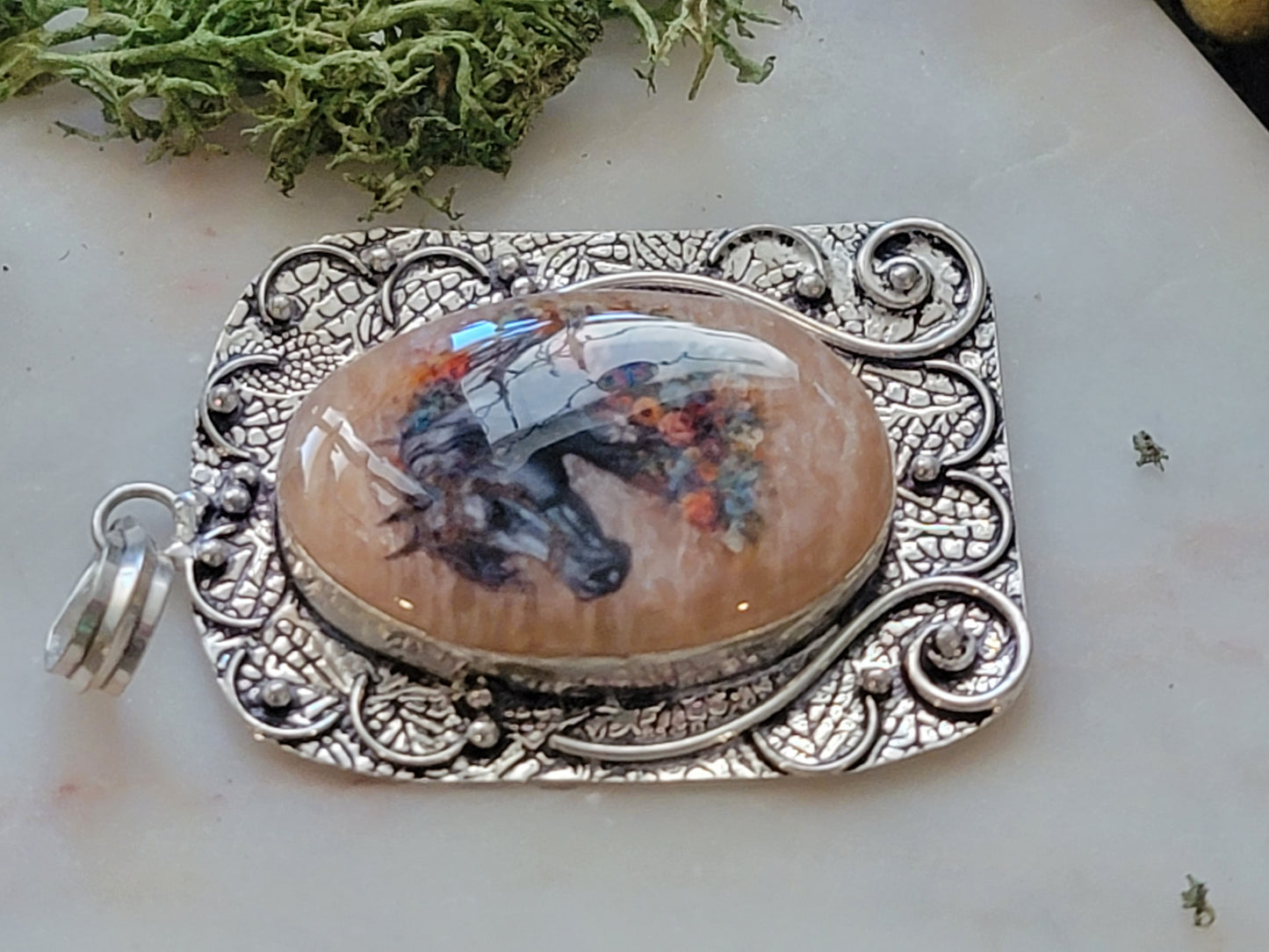 Arabian horse peach jasper sterling silver pendant