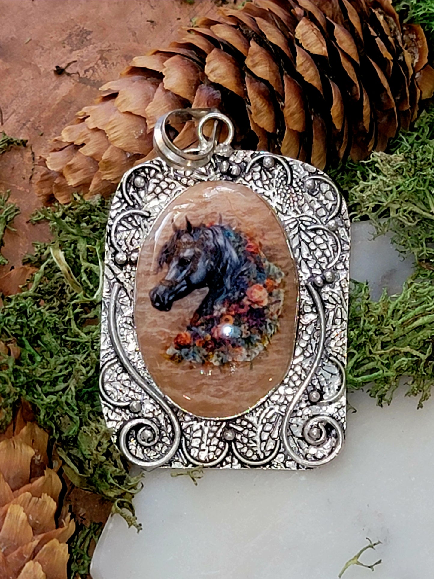 Arabian horse peach jasper sterling silver pendant