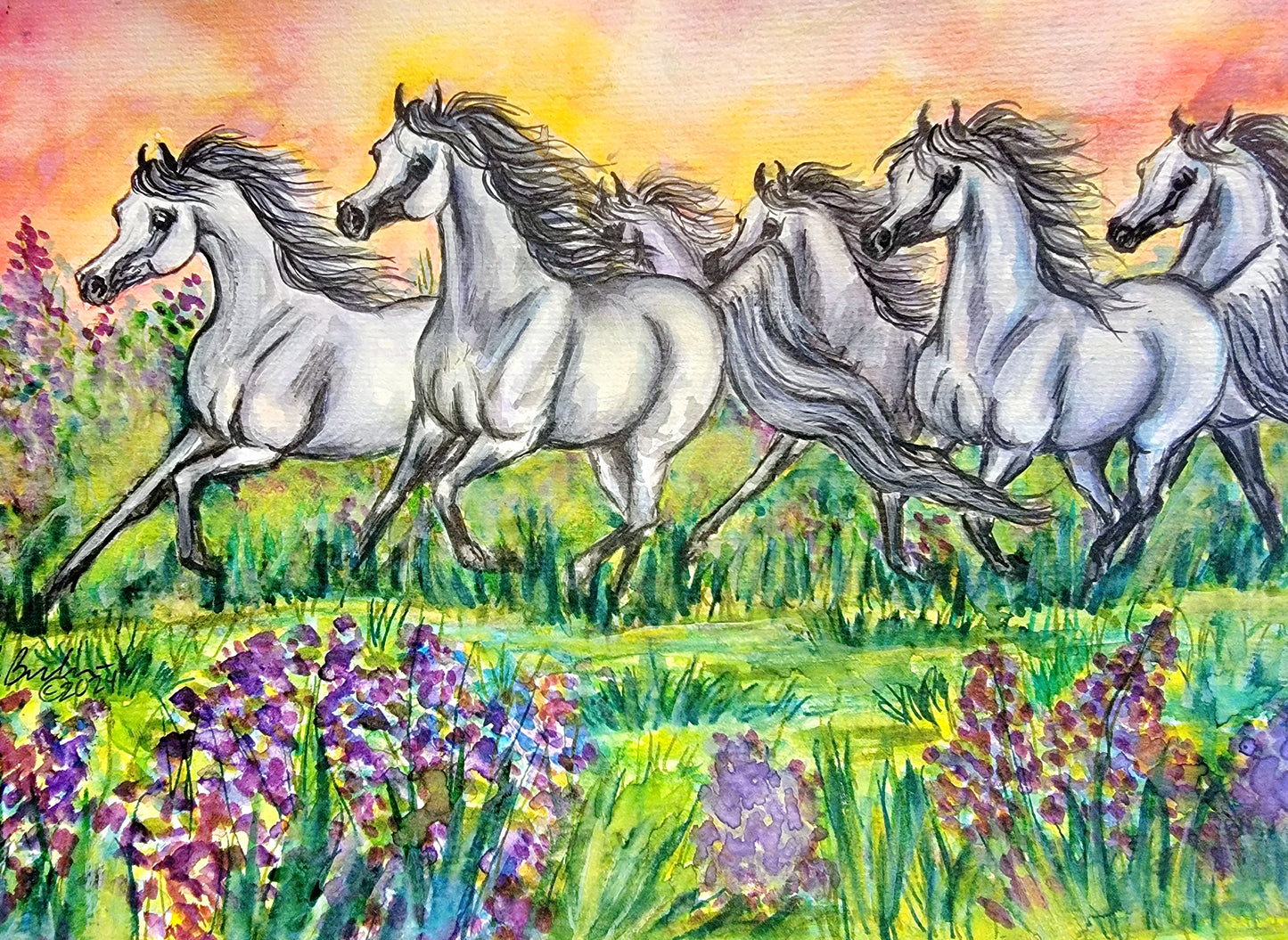 Arabian Horse herd original watercolor painting