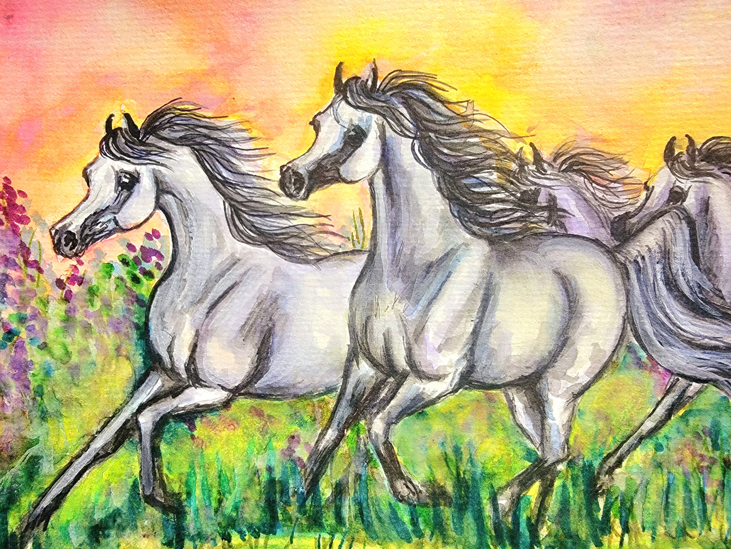 Arabian Horse herd original watercolor painting