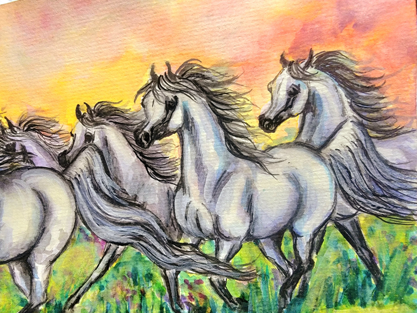 Arabian Horse herd original watercolor painting