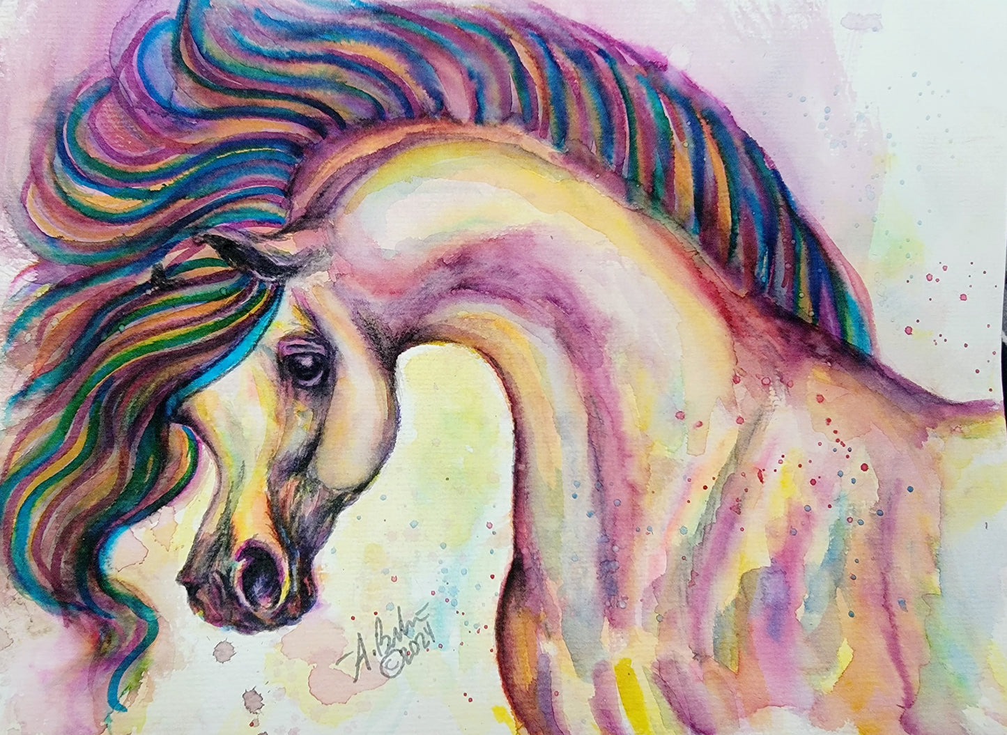 Hand Painted original Fantasy Arabian horse watercolor painting