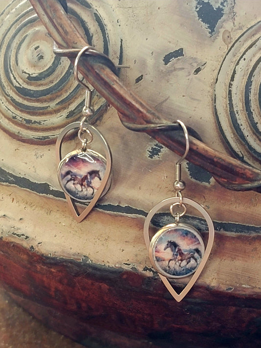 Horse earrings Mare and foal tear drop Horse Stainless Steel Hoops