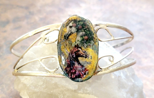 Resin handmade stone with Arabian Horses in sterling silver cuff bracelet adjustable