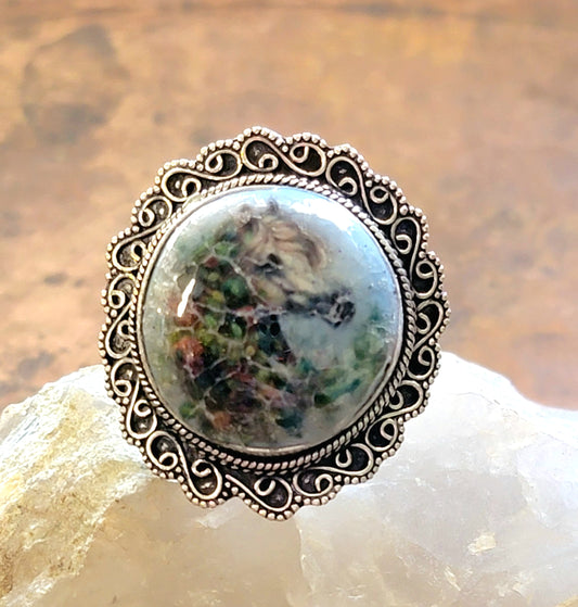 Arabian Horse blue adventurine Ring Size 6 / 7 Sterling Silver vintage crackle effect