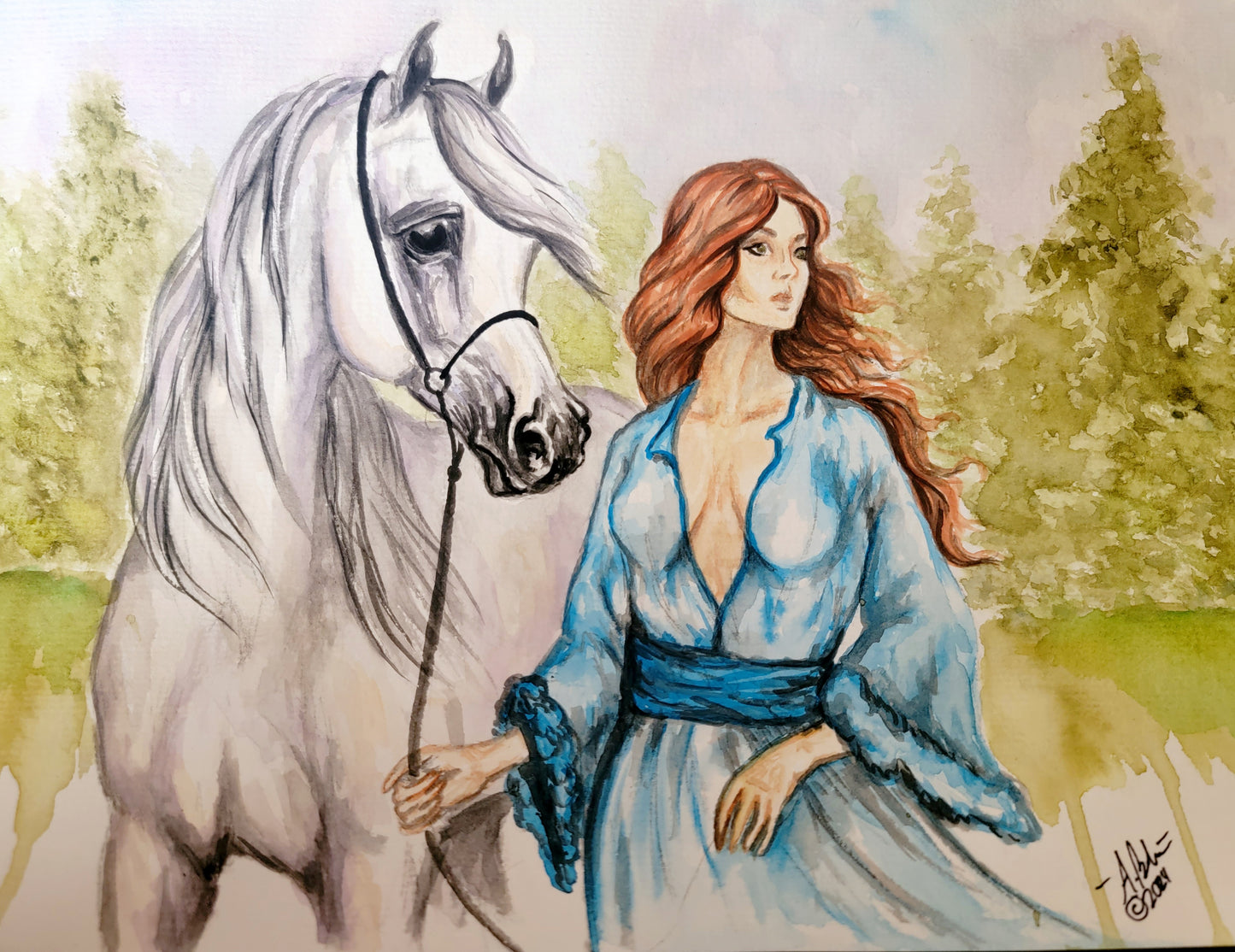 Arabian Horse with Woman Original watercolor painting