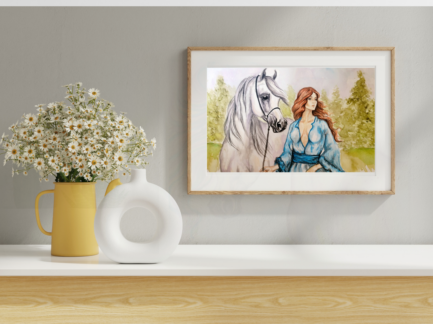 Arabian Horse with Woman Original watercolor painting