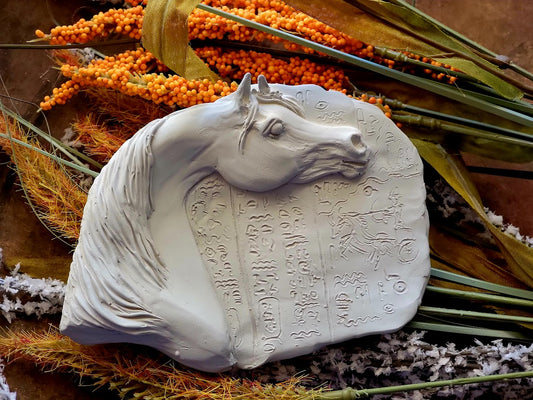 Custom Painted Arabian Horse with Egyptian Stone Tablet Resin Sculpture Model Horse