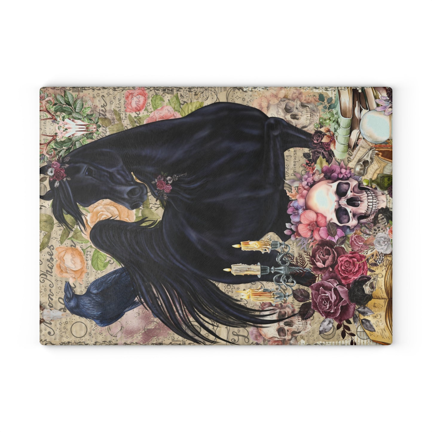 Black Arabian horse gothic witch vampire Victorian goth skull tattoo art Glass Cutting Board